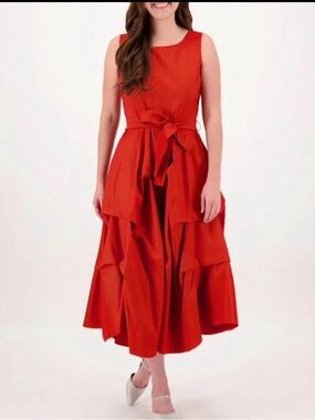 Samuel Dong Red Sleeveless Tiered Midi Dress with Waist Tie